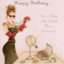 a happy birthday card with a lady holding a necklace