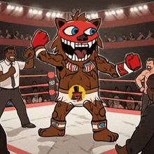 a cartoon of a boxing match with a mascot wearing a top hat and boxing gloves