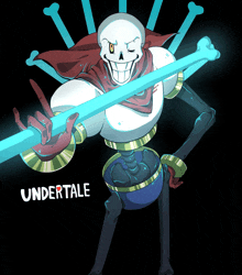 a cartoon of papyrus from undertale holding a blue stick