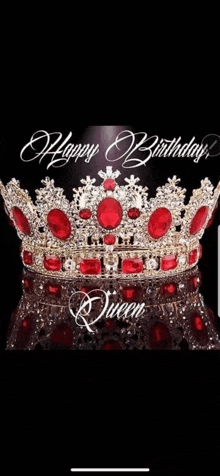 a crown with red stones and the words `` happy birthday queen ''