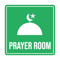 a green sign for a prayer room with a crescent moon and star on top of a dome