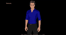 a man in a blue shirt and black pants is standing in front of a black screen that says " this is you "