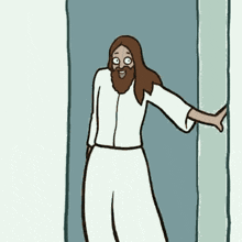 a cartoon of jesus with a beard standing in a doorway