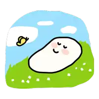 a cartoon drawing of a marshmallow laying in the grass with a butterfly flying overhead