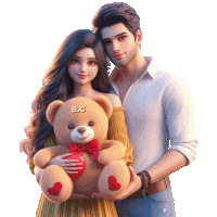 a man and a woman holding a teddy bear with a heart on it