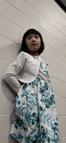 a little girl wearing a blue and white floral dress leans against a brick wall