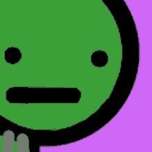 a green cartoon character with a purple background and a black circle around it 's face .