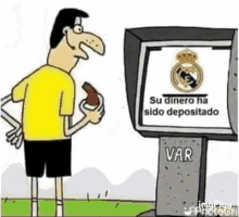 a cartoon of a man holding a wallet standing next to a tv screen that says su dinero ha sido depositado