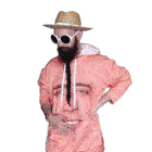 a man with a straw hat and sunglasses is wearing a pink hoodie with the face of nicolas cage on it