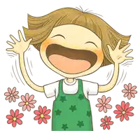 a cartoon of a girl laughing with flowers behind her