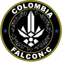 a logo for colombia falcon-c with a marijuana leaf on it