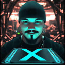 a man with a beard and a beanie is holding a black box with a blue x on it