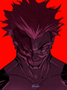 a drawing of a man with purple hair and red eyes against a red background that says ' tokyo ghoul ' on it