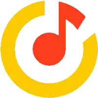 a yellow circle with a red music note in the center