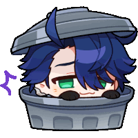 a cartoon character with blue hair and green eyes is laying in a trash can