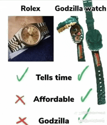 a rolex watch and a godzilla watch are shown