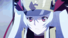 a girl with white hair and red eyes is wearing a military hat