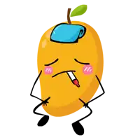 a cartoon illustration of a mango with arms and legs and a thermometer in its mouth