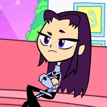 a cartoon girl with purple hair is sitting on a couch