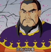 a man with a beard is wearing a purple robe with chinese writing on it