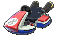 a red , white , and blue kart with the number 8 on the side .