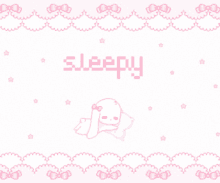 the word sleepy is on a pink background with a bunny on a pillow