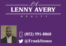 a logo for lenny avery realty with a picture of a man with a beard