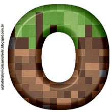 the letter o is made of minecraft blocks and has a green border