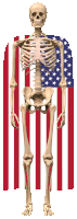 a skeleton with an american flag behind it