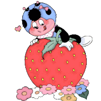 a ladybug is sitting on top of a strawberry with flowers around it