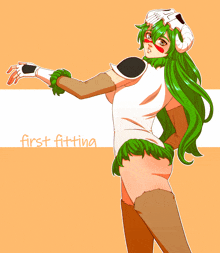 a drawing of a woman with green hair and the words first fitting below her