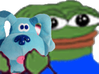 a blue stuffed dog is standing next to a green frog with big eyes