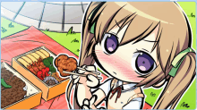 a girl with purple eyes is eating a fried food with chopsticks