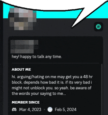 a screenshot of a person 's profile with a speech bubble that says " hey happy to talk any time "