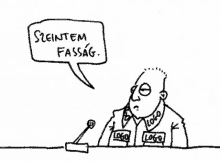 a black and white drawing of a man talking into a microphone with a speech bubble that says szeintem fassag