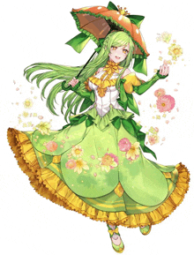 a girl with green hair and a yellow dress is holding an orange umbrella