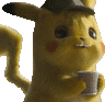 a close up of a pikachu holding a cup of coffee on a white background .