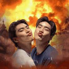 two men are making funny faces in front of a fire background