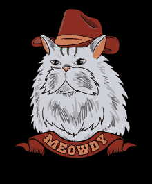 a drawing of a cat wearing a cowboy hat with the word meowdy on a banner