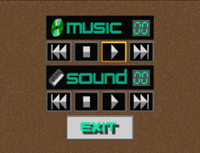 a screen that says music sound and exit