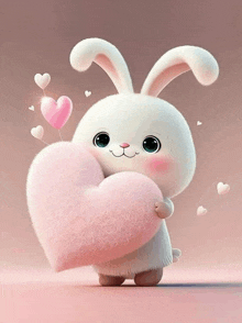 a bunny is holding a pink heart in its paws