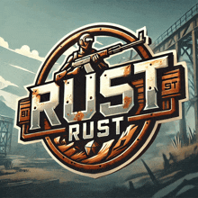 a rust logo with a man holding a rifle