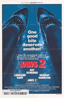 a movie poster for jaws 2 shows two sharks on it