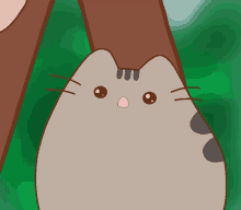 a cartoon cat with a pink nose is hanging from a tree branch