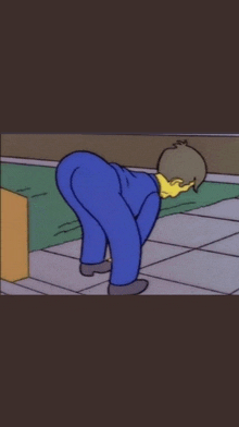 a cartoon of a man in blue pants bending over on the floor