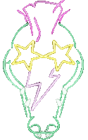 a neon drawing of a light bulb with stars and lightning bolts