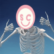 a skeleton with a pink smiley face on his face