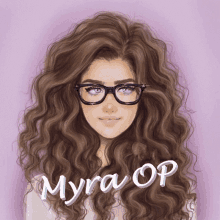 a drawing of a girl with curly hair and glasses with the name myra op