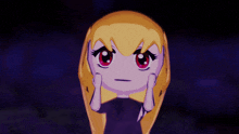 a cartoon girl with blonde hair and red eyes is making a sad face