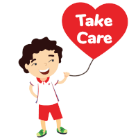 a boy is holding a heart shaped balloon that says " take care "